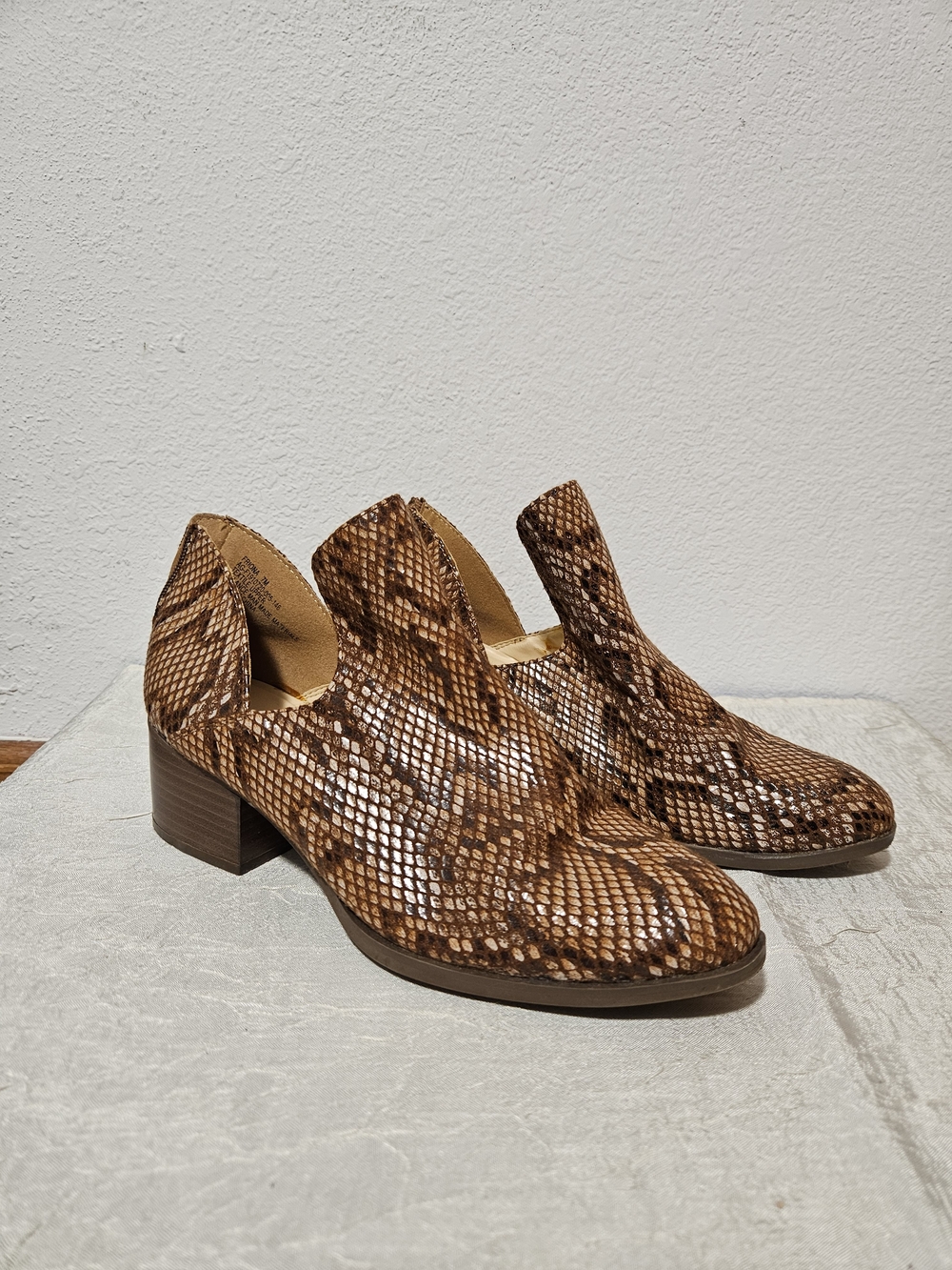 Andrew Geller Brown Snakeskin-Print Low Block Heel Ankle Boots